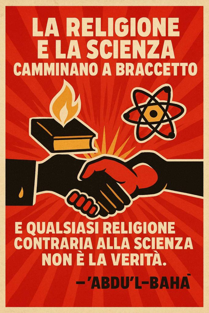 Manifesto grafico che illustra l’armonia tra religione e scienza con due mani che si stringono, accompagnato da una citazione di ‘Abdu’l-Bahá