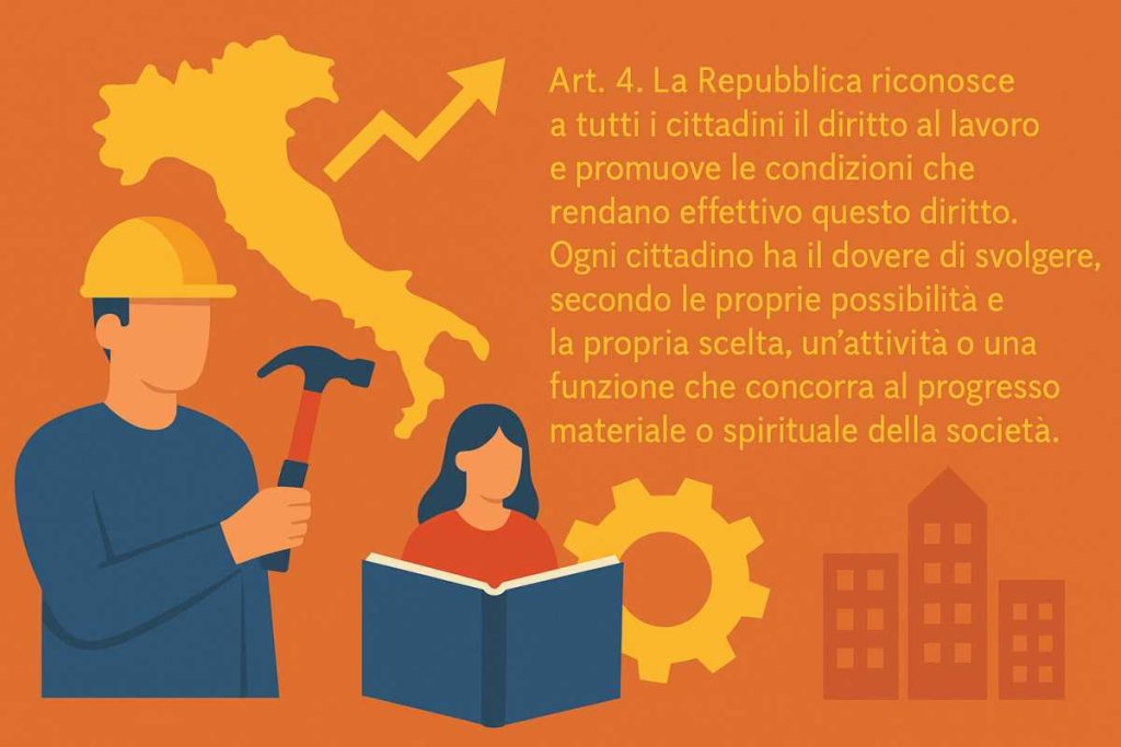 Illustrazione dell&#039;articolo 4 della Costituzione Italiana con figure simboliche di lavoro, educazione e progresso sociale