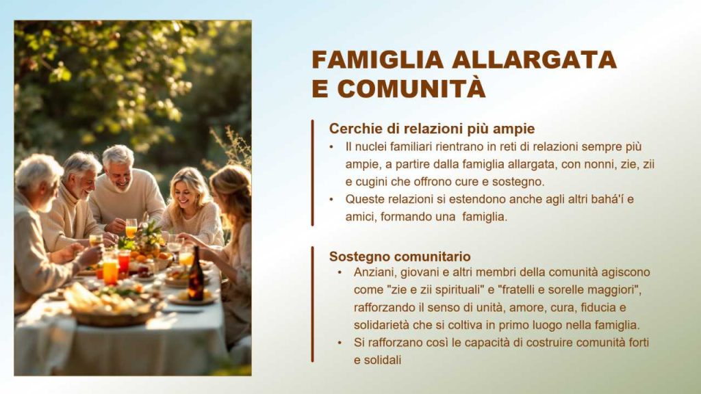 Persone di diverse età riunite attorno a un tavolo all’aperto, simbolo della famiglia allargata e del sostegno comunitario nella visione bahá’í.