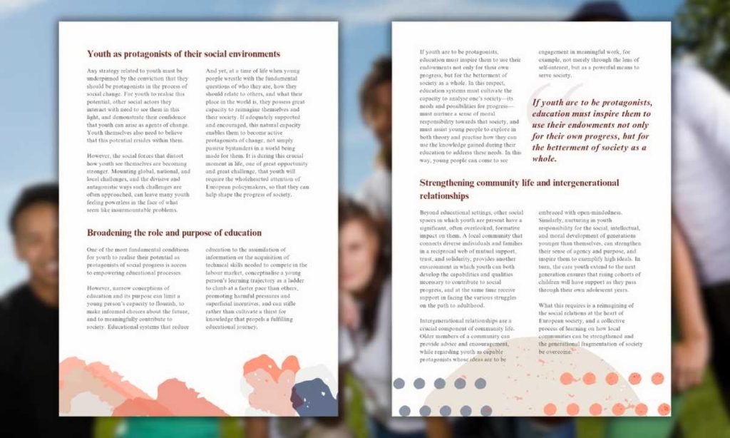 Pagine interne della pubblicazione della Comunità Bahá’í di Bruxelles sulla strategia europea per i giovani, con testi su educazione, protagonismo e relazioni intergenerazionali.
