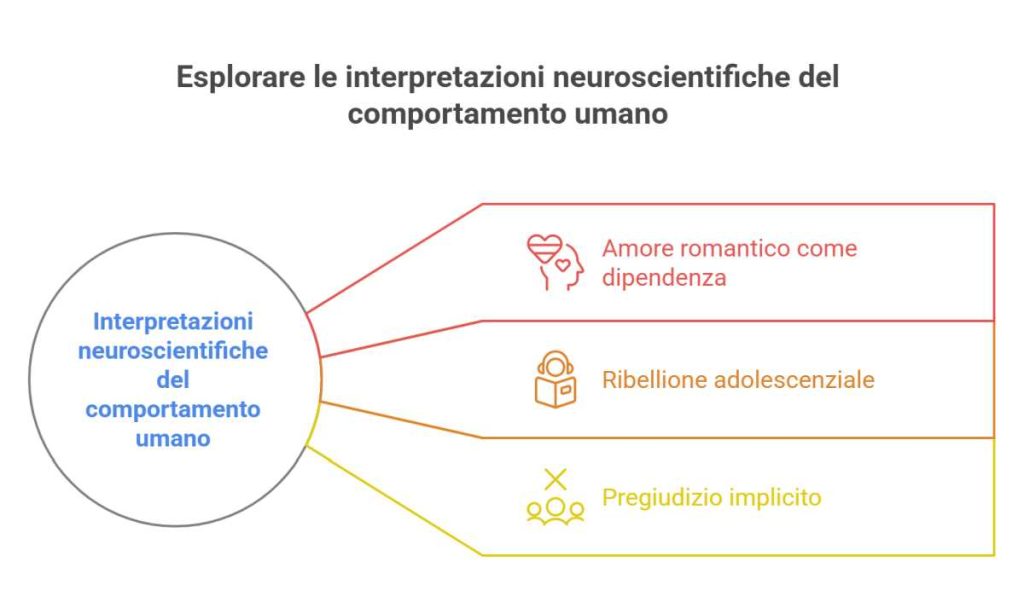 Grafico che mostra tre interpretazioni neuroscientifiche del comportamento umano: amore romantico come dipendenza, ribellione adolescenziale e pregiudizio implicito
