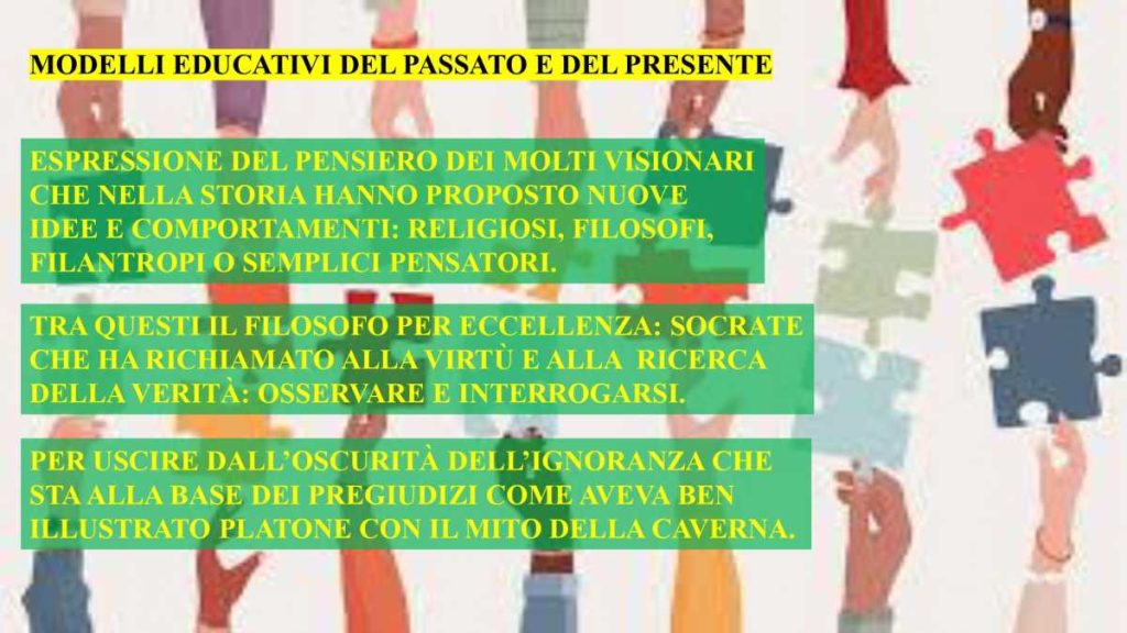 Immagine sui modelli educativi storici e contemporanei, con riferimento a Socrate e Platone sul tema della verità.