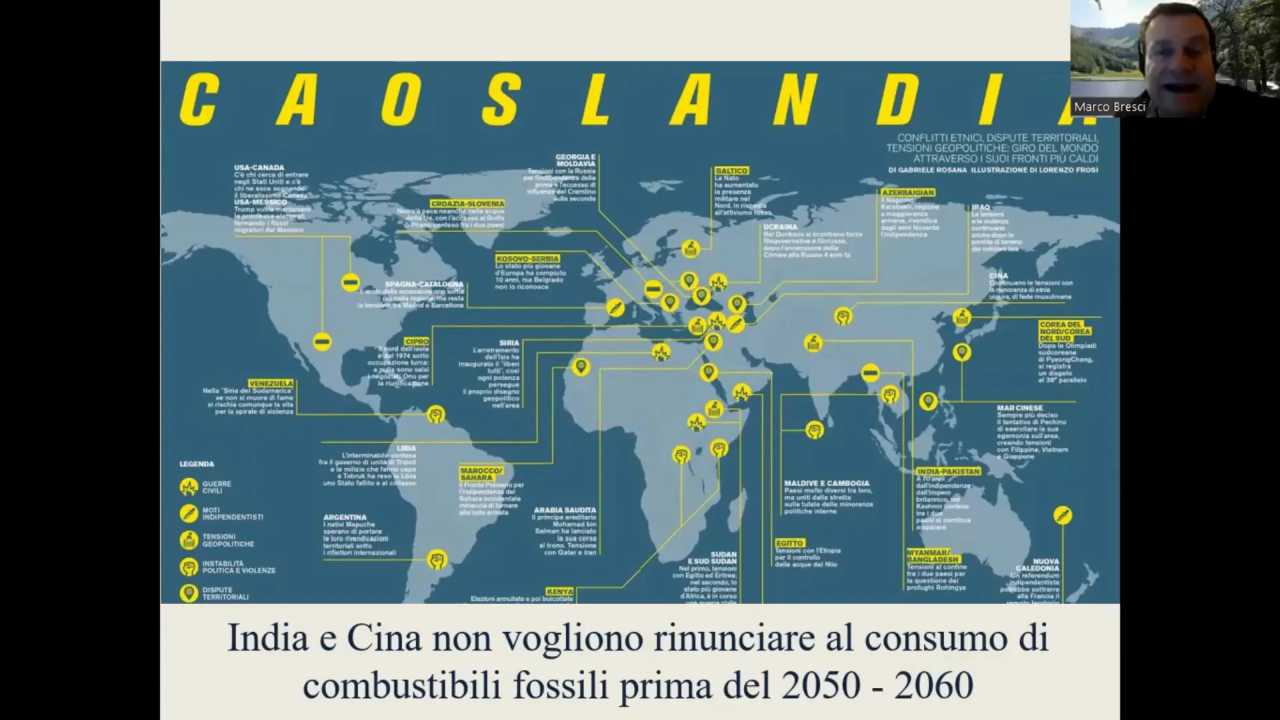 Mappa globale con evidenza di conflitti, instabilità e tensioni geopolitiche, presentata da Marco Bresci nella conferenza sulla visione comune