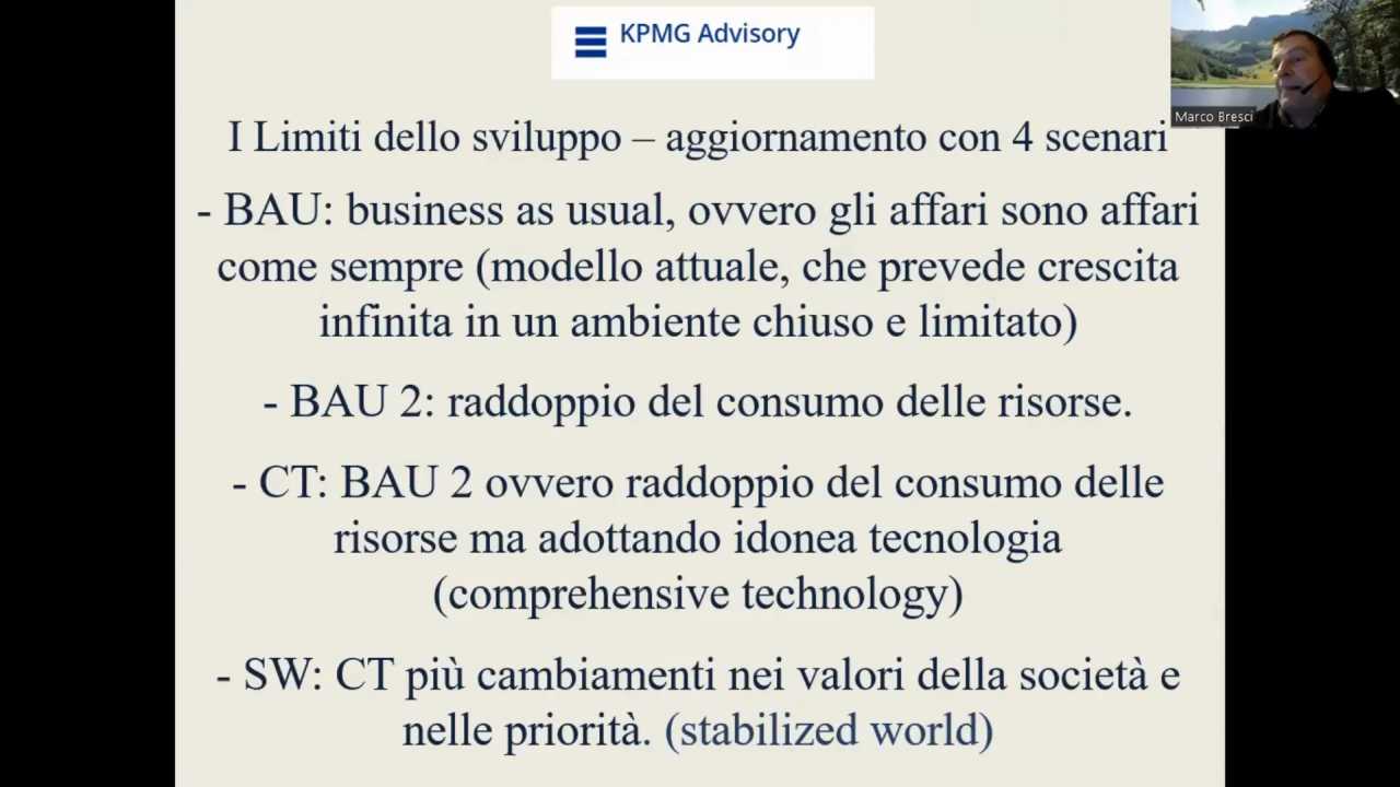 Slide con i quattro scenari dei limiti dello sviluppo del Club di Roma presentati da Marco Bresci: BAU, BAU 2, CT, SW