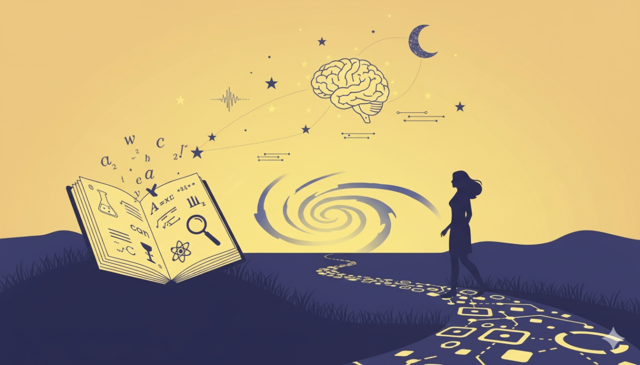 Donna su sentiero simbolico tra scienza e spirito verso la conoscenza eterna, con libro aperto e cervello fluttuante