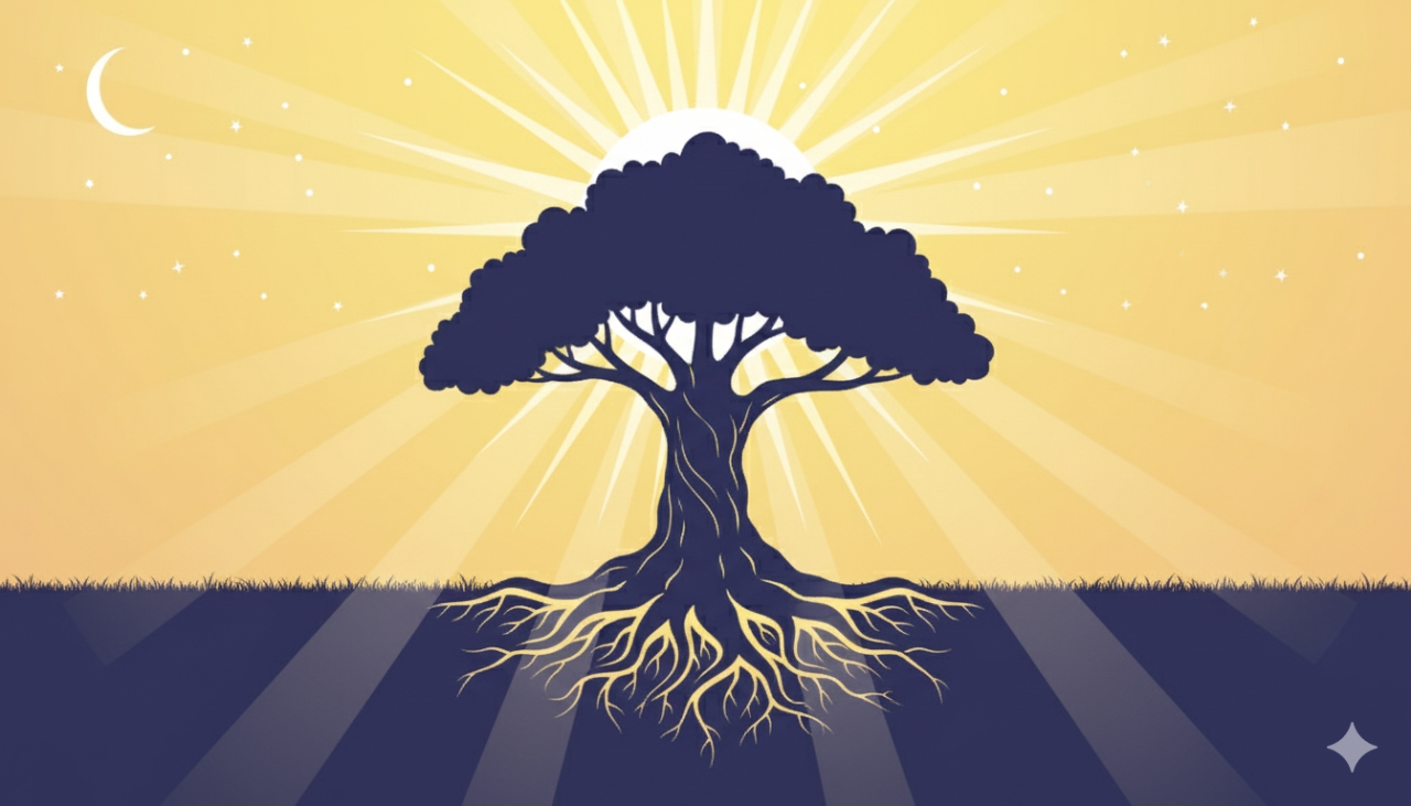 Albero con radici profonde e chioma illuminata dal sole, simbolo della crescita dell’anima tra materia e spirito