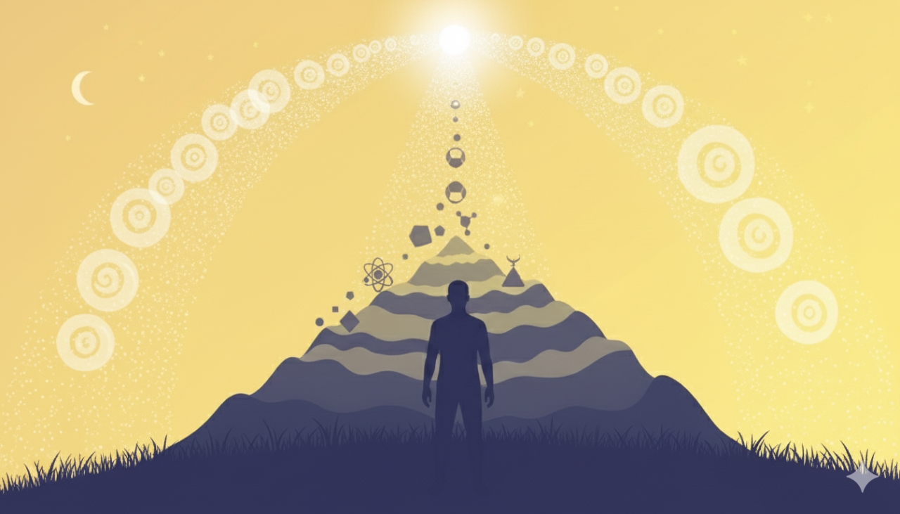 Figura umana davanti a una montagna sotto luce celeste con simboli spirituali e scientifici che salgono verso il cielo