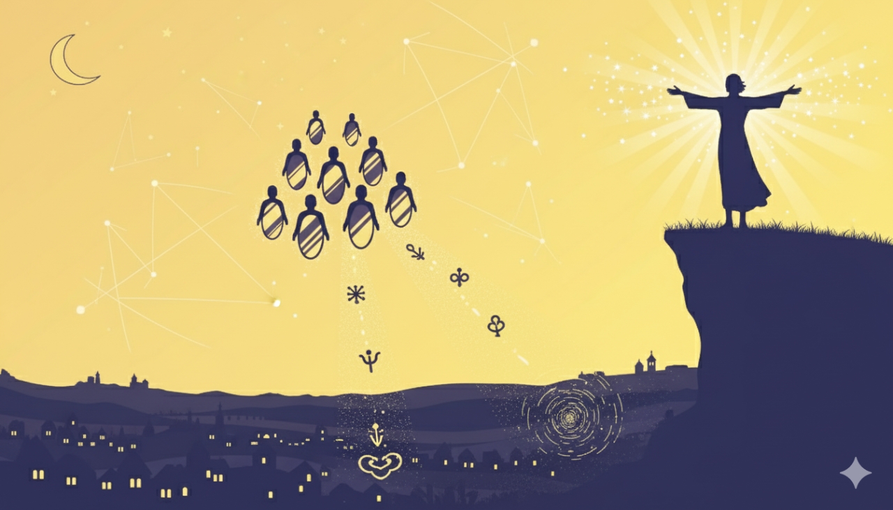 Anime in ascesa verso figura luminosa su rupe, simboleggiando poteri e gioia spirituale nell’aldilà