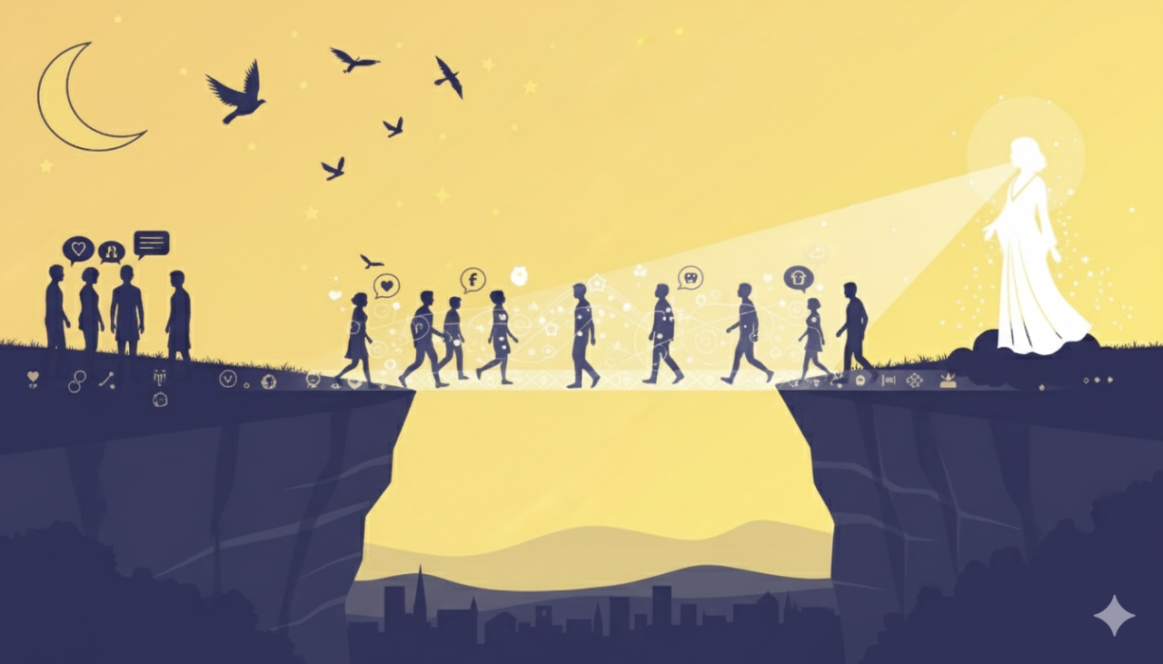 Persone attraversano un ponte tra terra e luce, simboleggiando relazioni spirituali e consapevolezza nell’aldilà