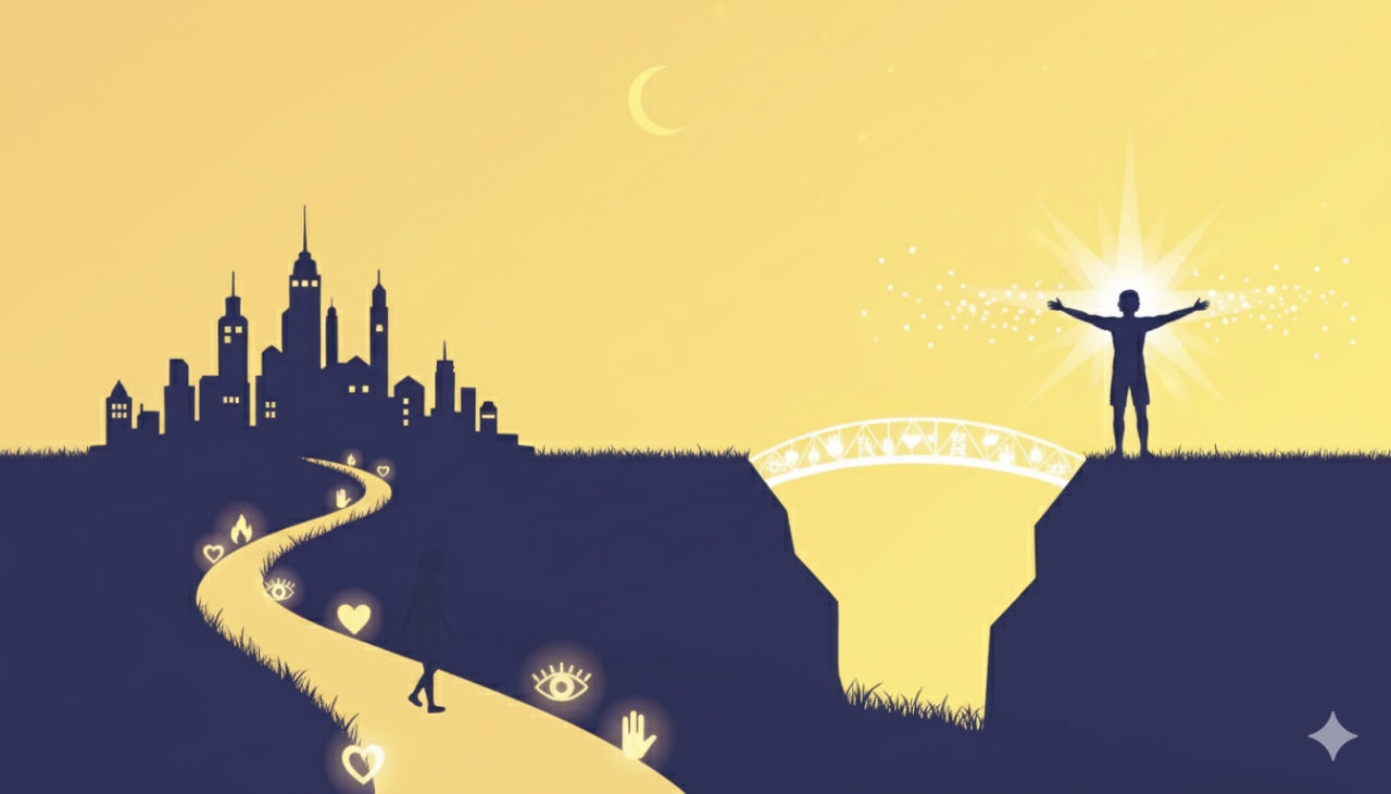 Sentiero spirituale da città terrena a figura luminosa oltre il ponte, con simboli di virtù lungo il cammino