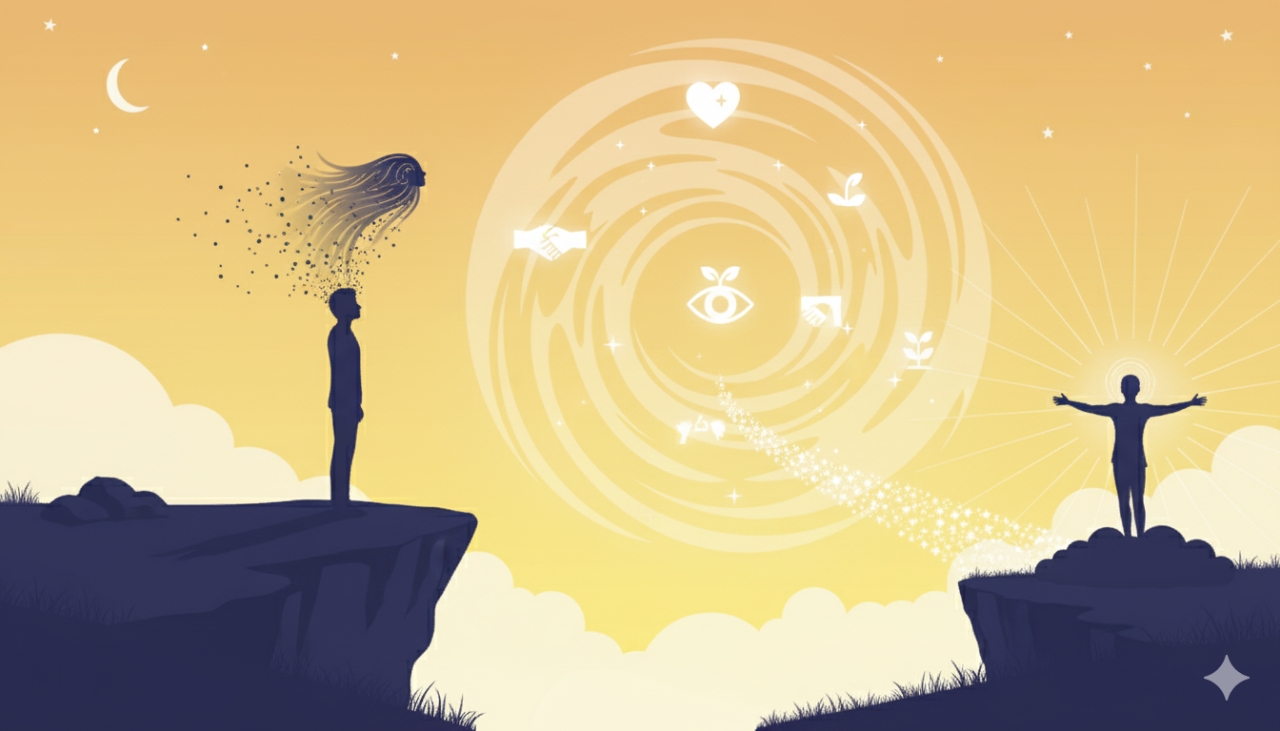 Figura che si dissolve davanti a vortice di verità spirituali, mentre una luce accoglie l’anima oltre il confine