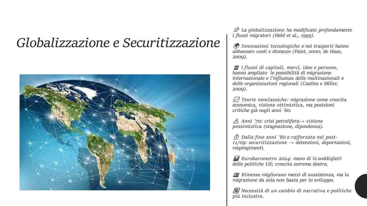 Slide su globalizzazione e securitizzazione delle migrazioni: mappa del mondo con connessioni digitali e note sui cambiamenti storici e politici.