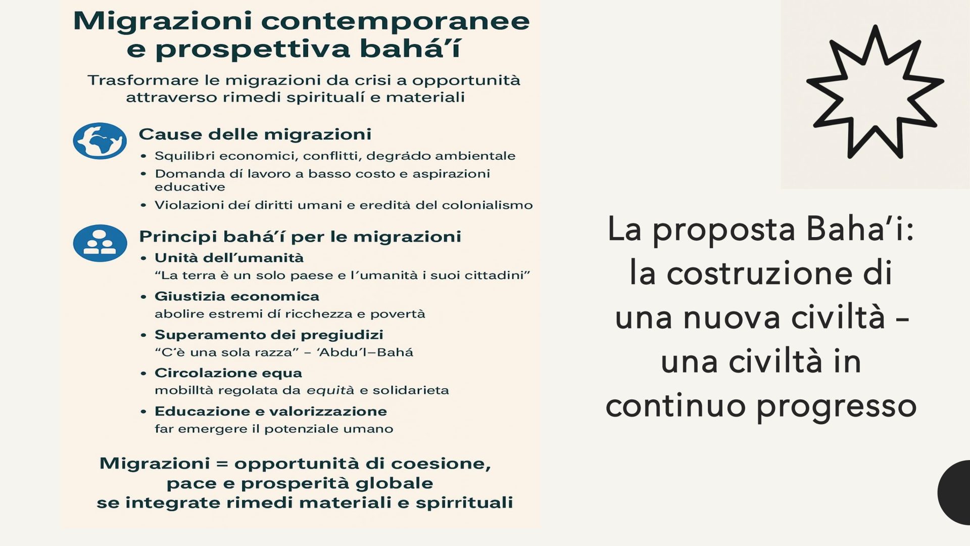 Slide sulle cause delle migrazioni e sulla proposta bahá’í: unità dell’umanità, giustizia economica, superamento dei pregiudizi e costruzione di una nuova civiltà.