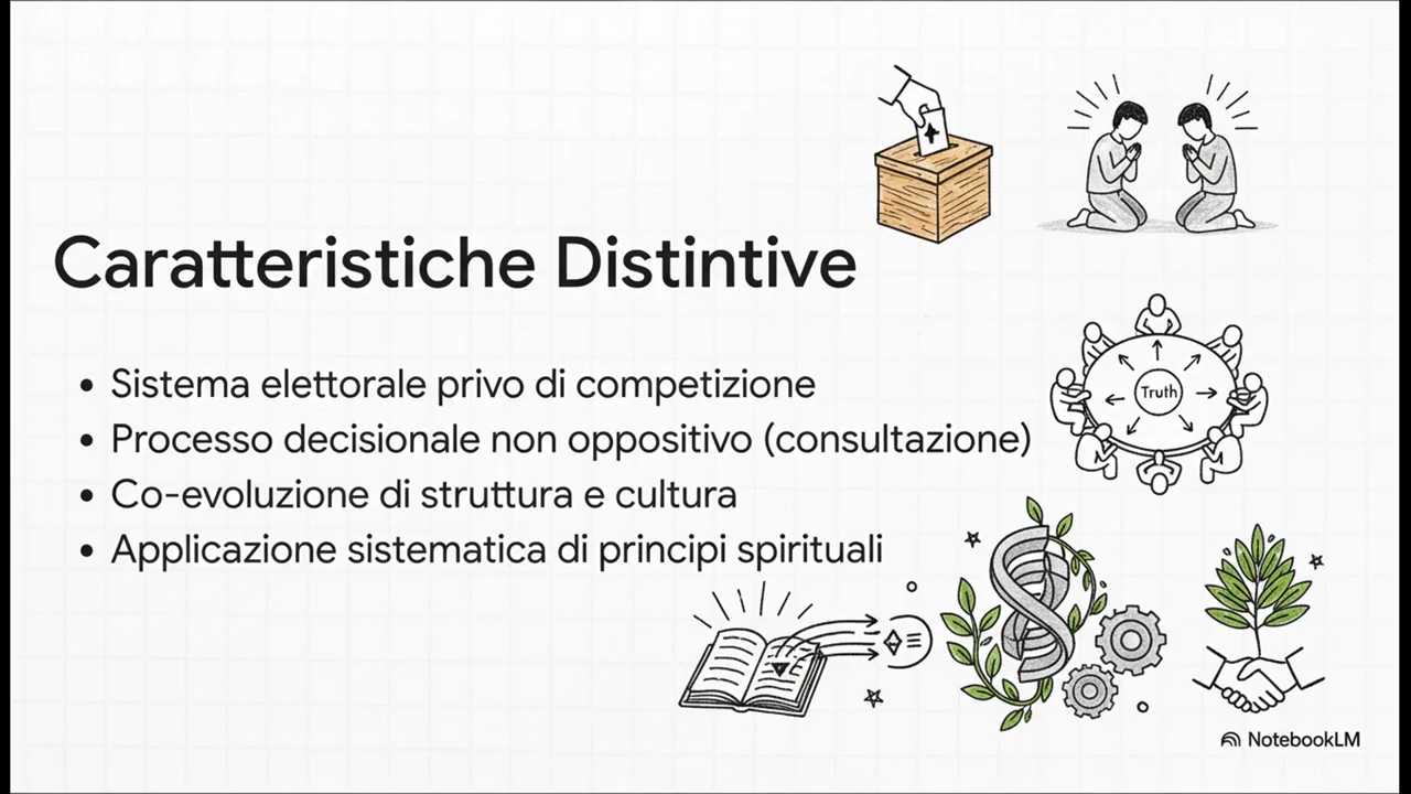 Lista illustrata delle caratteristiche distintive della governance bah&aacute;&rsquo;&iacute;, tra cui consultazione, assenza di competizione e applicazione di principi spirituali