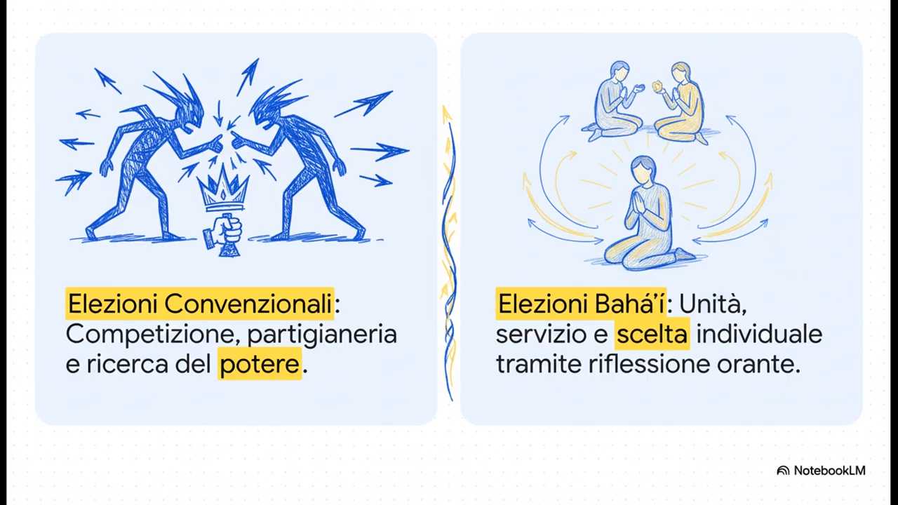 Confronto visivo tra elezioni convenzionali, basate sulla competizione per il potere, ed elezioni bah&aacute;&rsquo;&iacute;, fondate su preghiera, unit&agrave; e servizio