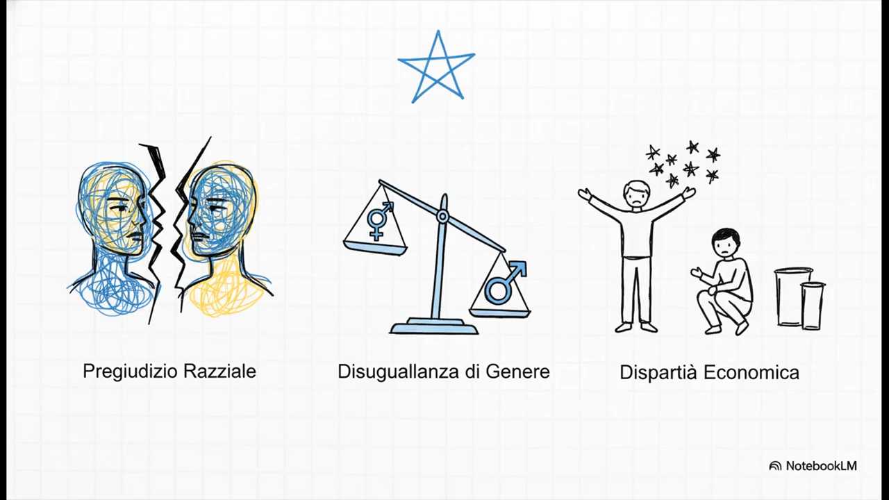 Illustrazione di tre ingiustizie sociali &mdash; pregiudizio razziale, disuguaglianza di genere e disparit&agrave; economica &mdash; con una stella centrale come simbolo di guida spirituale, nel contesto della governance bah&aacute;&rsquo;&iacute;.