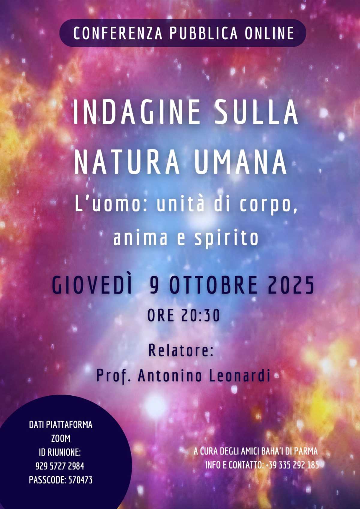 Locandina cosmica della conferenza online “Indagine sulla natura umana” con il prof. Antonino Leonardi, sul tema dell’unità tra corpo, anima e spirito (9 ottobre 2025, su Zoom).