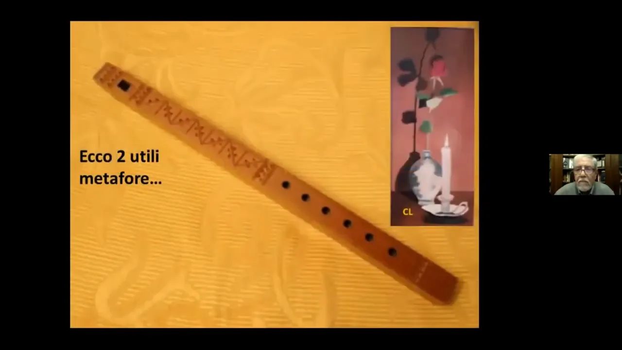 Diapositiva con flauto e candela come metafore dell’anima, dello spirito e del corpo umano, secondo la visione bahá’í spiegata dal prof. Leonardi