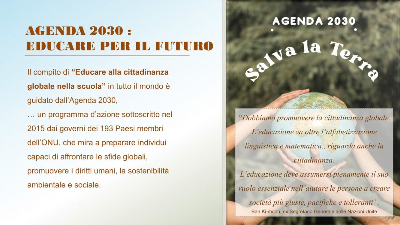 Mani che sorreggono il pianeta Terra con citazione ONU: educare alla cittadinanza globale per salvare il futuro