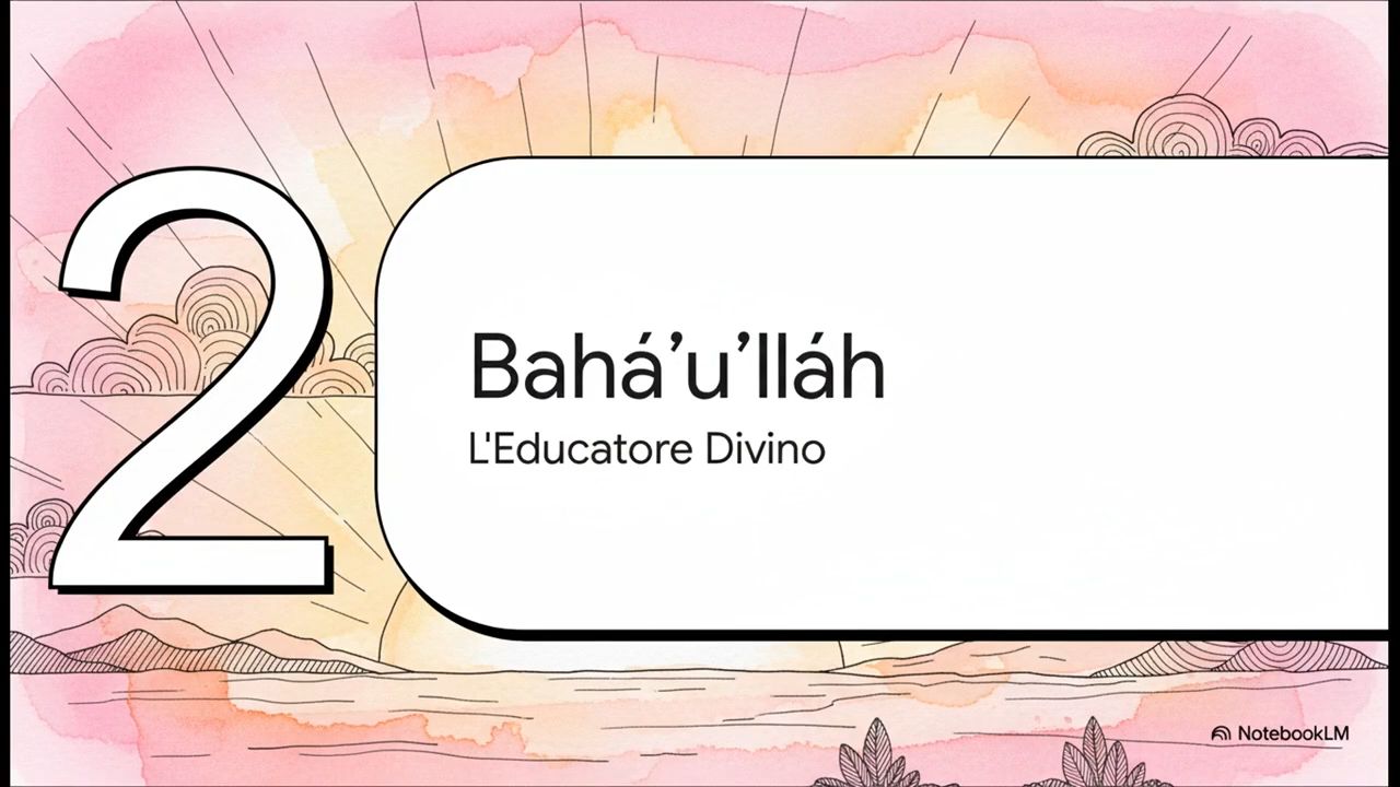 Illustrazione delicata di Bahá’u’lláh come Educatore Divino, con un paesaggio all’alba a simboleggiare l’inizio di una nuova era spirituale e l’unità dell’umanità