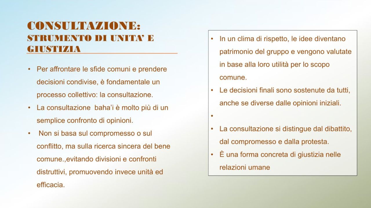 Slide sulla consultazione come pratica collettiva per l&rsquo;unit&agrave; e la giustizia nel processo decisionale