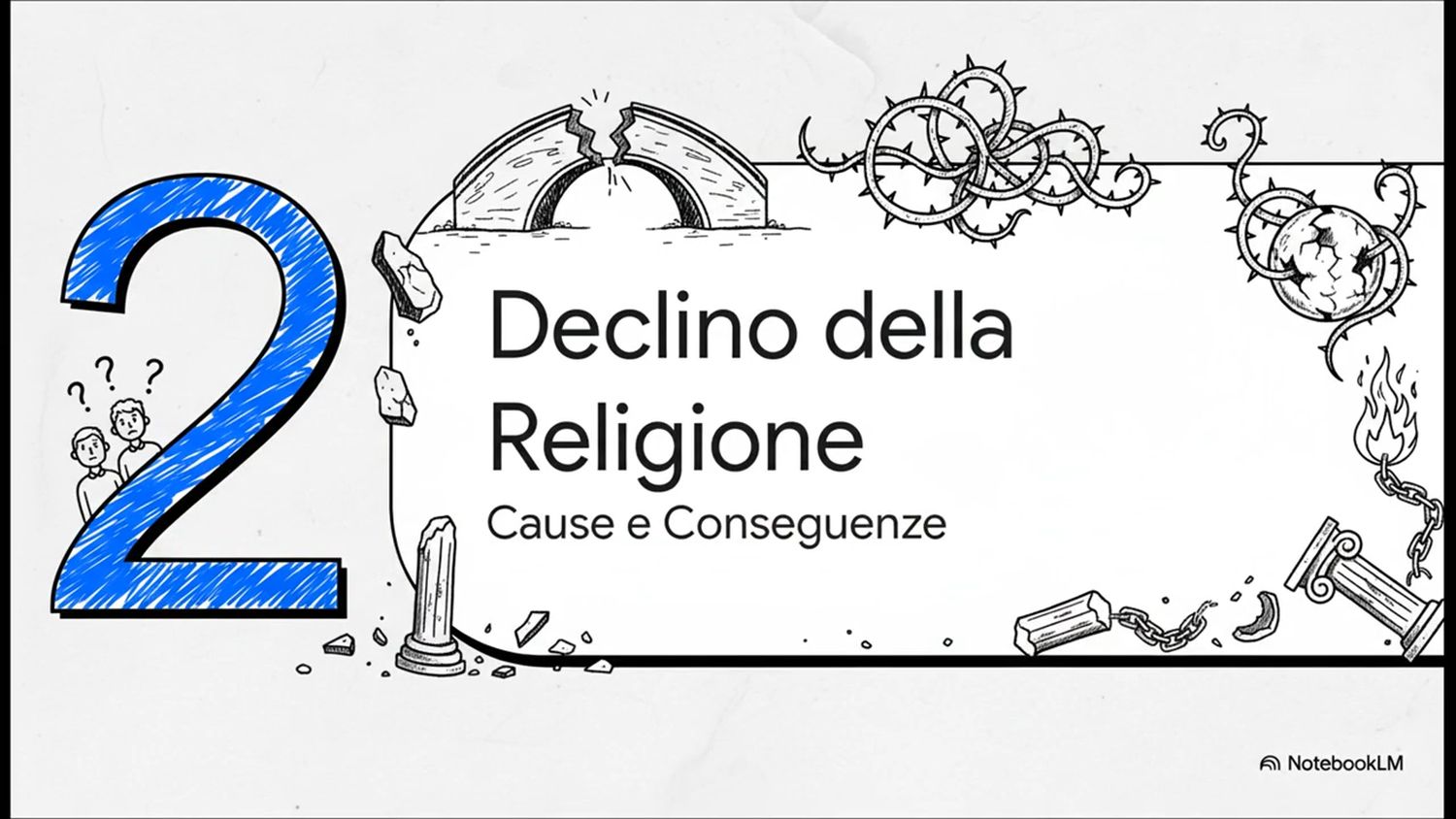 Illustrazione in bianco e nero con archi spezzati, colonne cadute, spine e simboli religiosi danneggiati, che rappresentano il declino della religione e le sue conseguenze