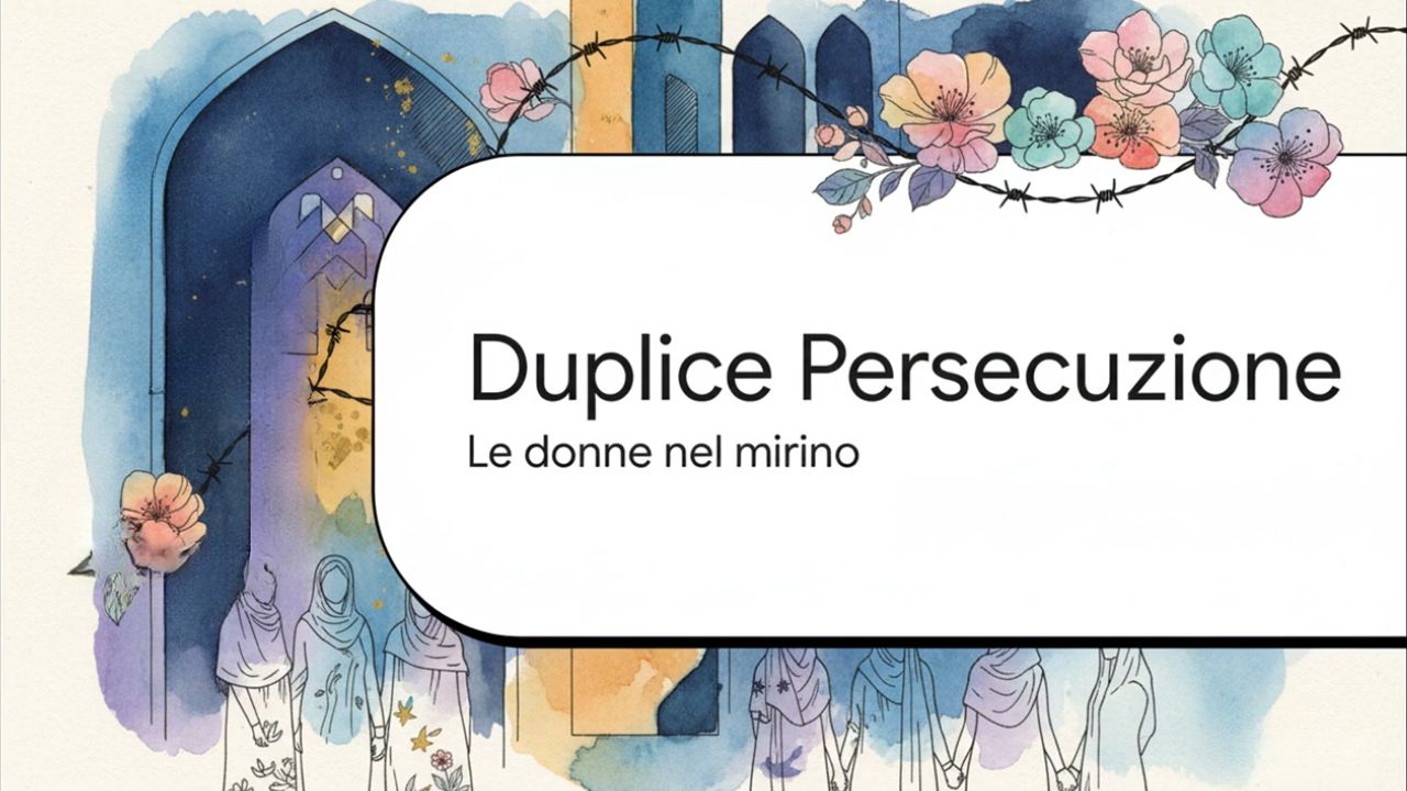 Illustrazione di donne velate che camminano unite sotto filo spinato fiorito, simbolo della duplice persecuzione religiosa e di genere contro le donne Bah&aacute;&rsquo;&iacute; in Iran.