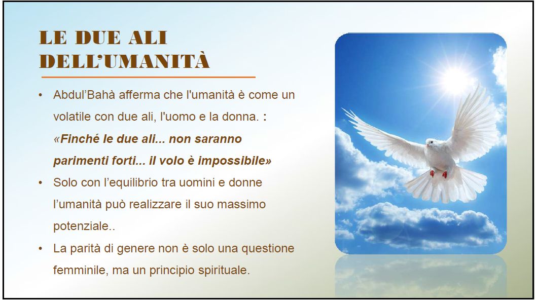 Colomba in volo verso il sole tra le nuvole, con citazione di ‘Abdu’l-Bahá sulla parità tra uomo e donna come le due ali dell’umanità