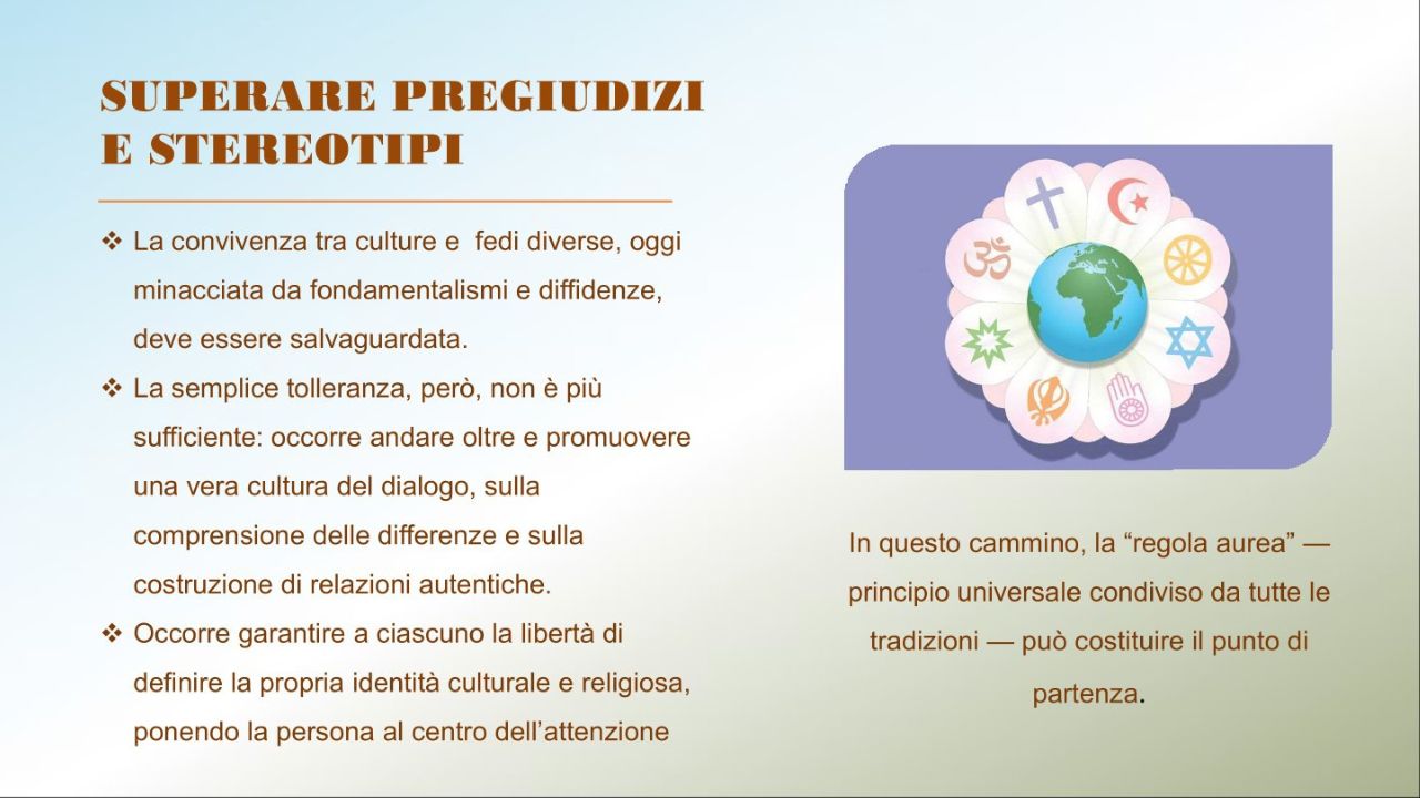 Slide con simboli religiosi attorno al pianeta Terra: superare pregiudizi e promuovere dialogo interculturale