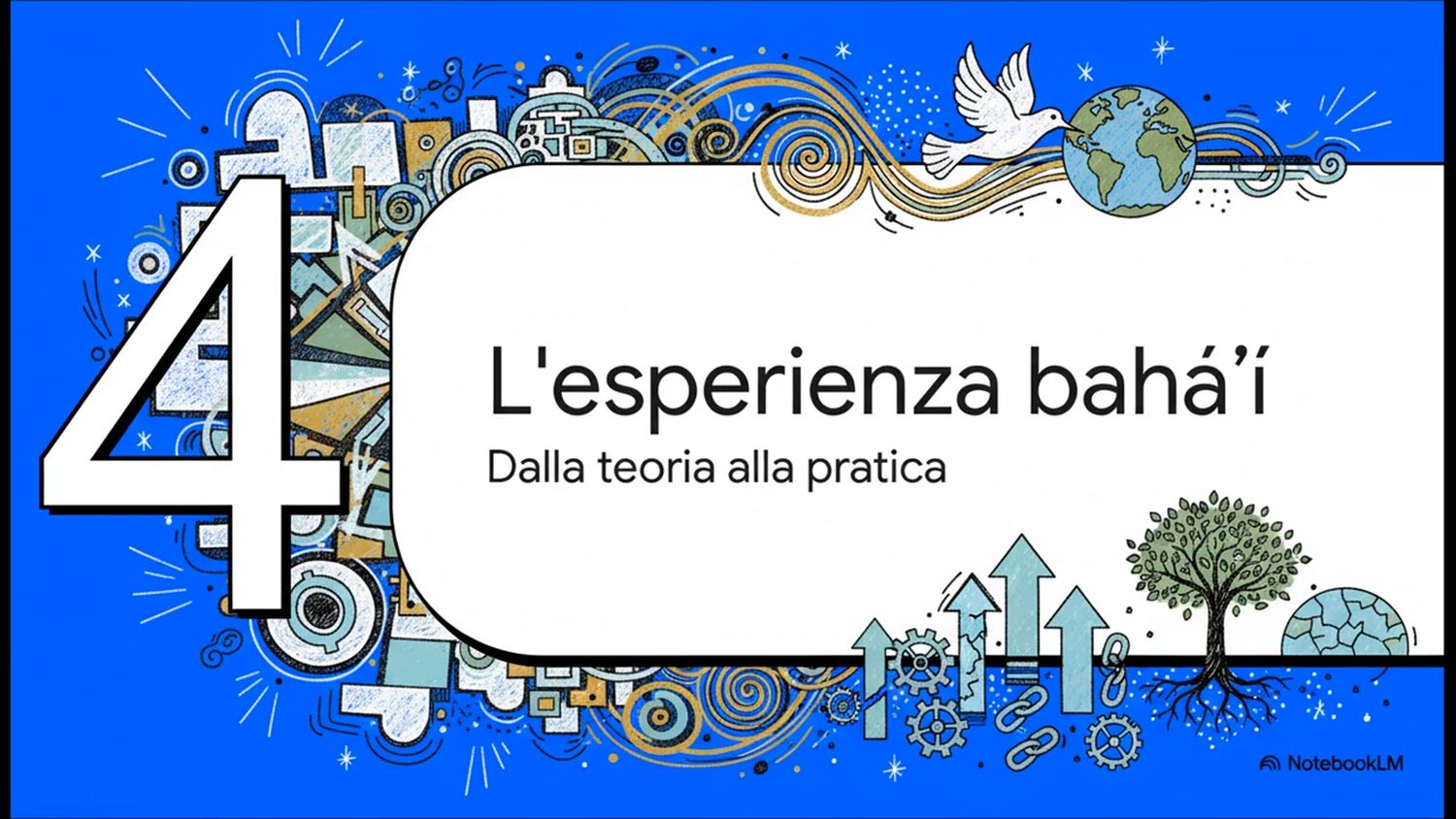 Illustrazione vivace con colomba, ingranaggi, alberi e simboli di crescita, che rappresenta l&rsquo;esperienza bah&aacute;&rsquo;&iacute; nella trasformazione sociale dal basso