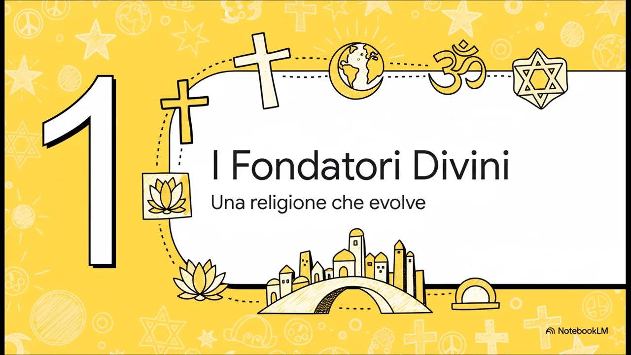Illustrazione gialla con simboli religiosi e titolo “I Fondatori Divini – Una religione che evolve”, rappresentante il principio bahá’í dell’unità delle religioni e della rivelazione progressiva.