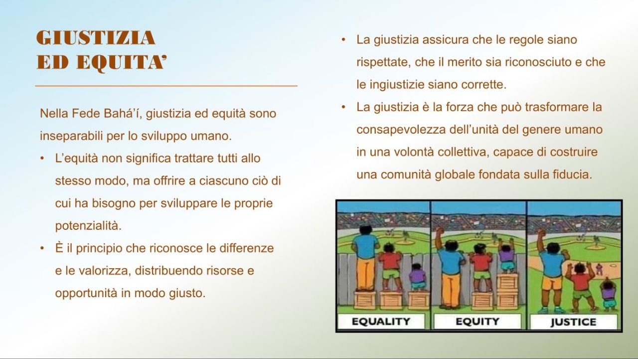 Grafico su equality, equity e justice e testo sulla visione bah&aacute;&rsquo;&iacute; della giustizia ed equit&agrave;