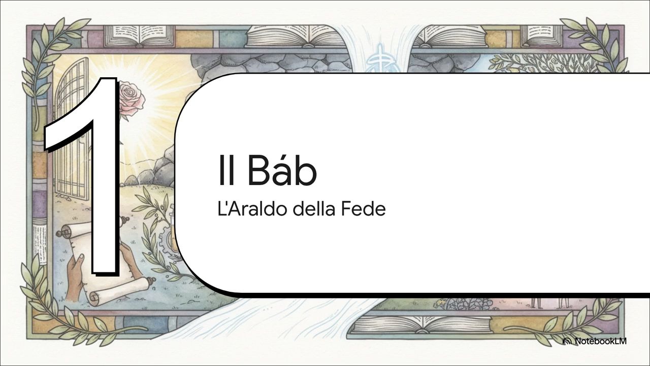 Illustrazione simbolica del Báb come Araldo della Fede, con libri, luce, acqua e piante a rappresentare l’inizio della nuova Rivelazione nella Fede bahá’í