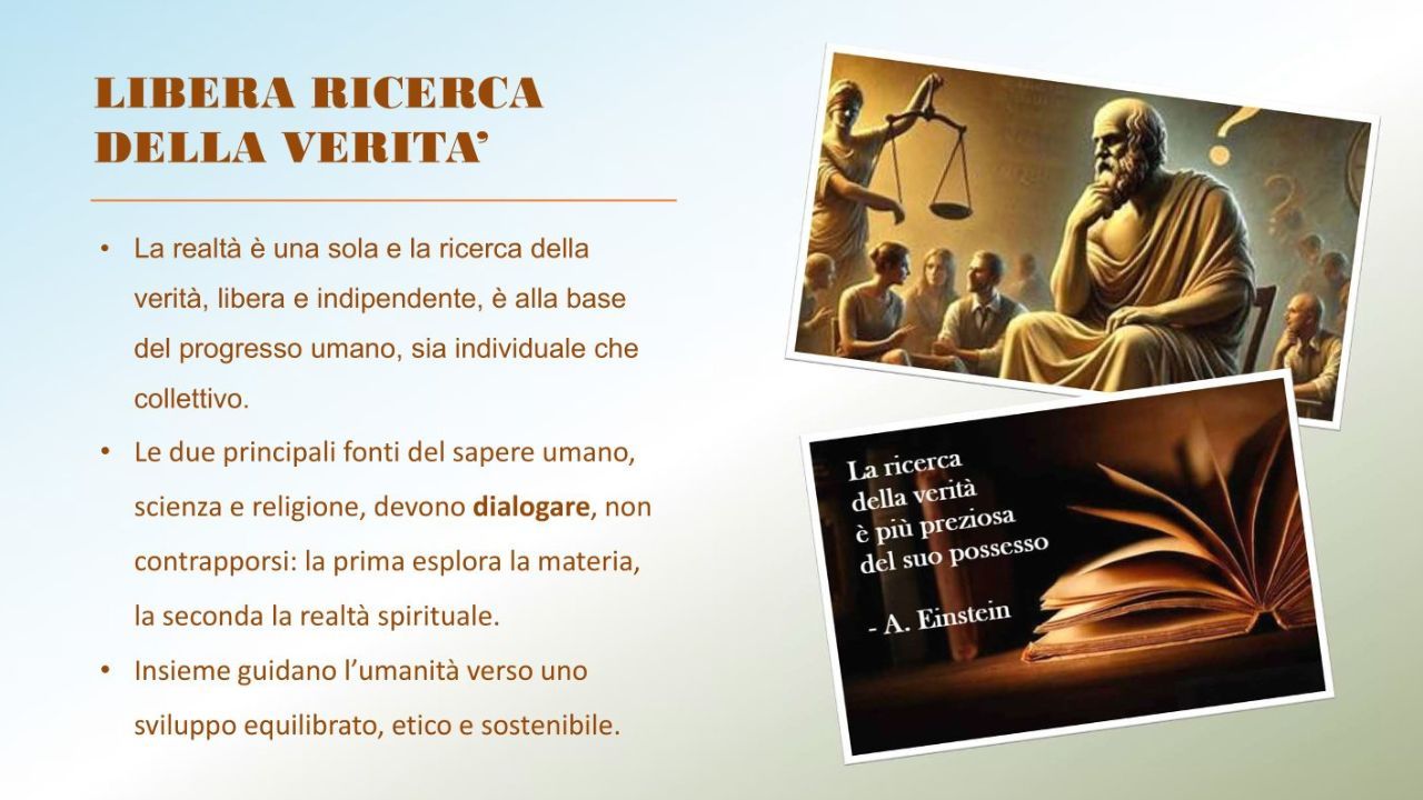 Filosofi e libro aperto con citazione: libera ricerca della verit&agrave; come fondamento della cittadinanza globale