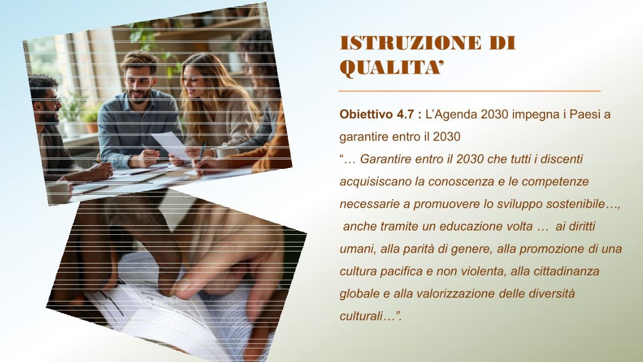 Giovani in discussione e mani che sfogliano un libro: simboli dell&rsquo;istruzione per la cittadinanza globale secondo l&rsquo;Obiettivo 4.7