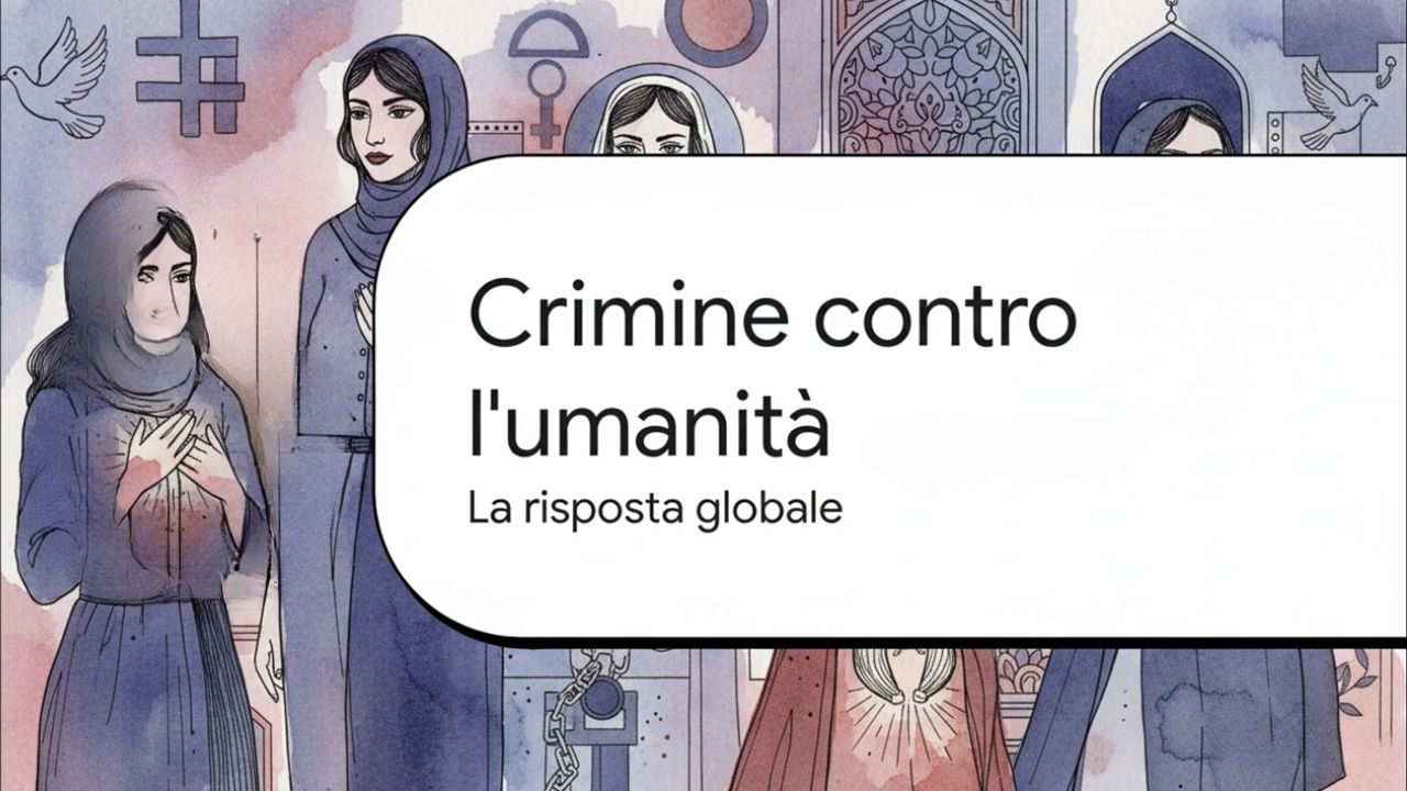 Illustrazione simbolica della persecuzione delle donne Bah&aacute;&rsquo;&iacute; in Iran, con figure femminili in abiti tradizionali che esprimono dolore, prigionia e resistenza spirituale, accompagnata dal testo &ldquo;Crimine contro l&rsquo;umanit&agrave; &ndash; La risposta globale&rdquo;.