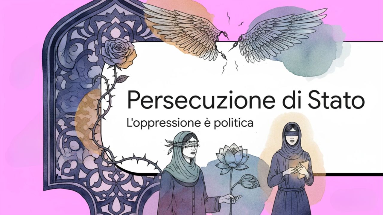 Due donne Bah&aacute;&rsquo;&iacute; bendate con simboli di conoscenza e spiritualit&agrave;, circondate da spine e ali spezzate, a rappresentare la persecuzione politica di Stato in Iran