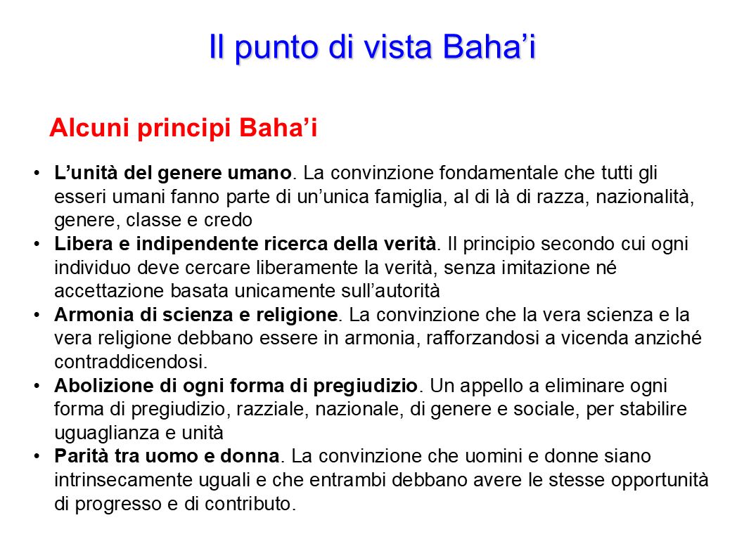 Slide con i principi fondamentali della Fede Baha’i: unità, verità, armonia scienza-religione, uguaglianza e giustizia