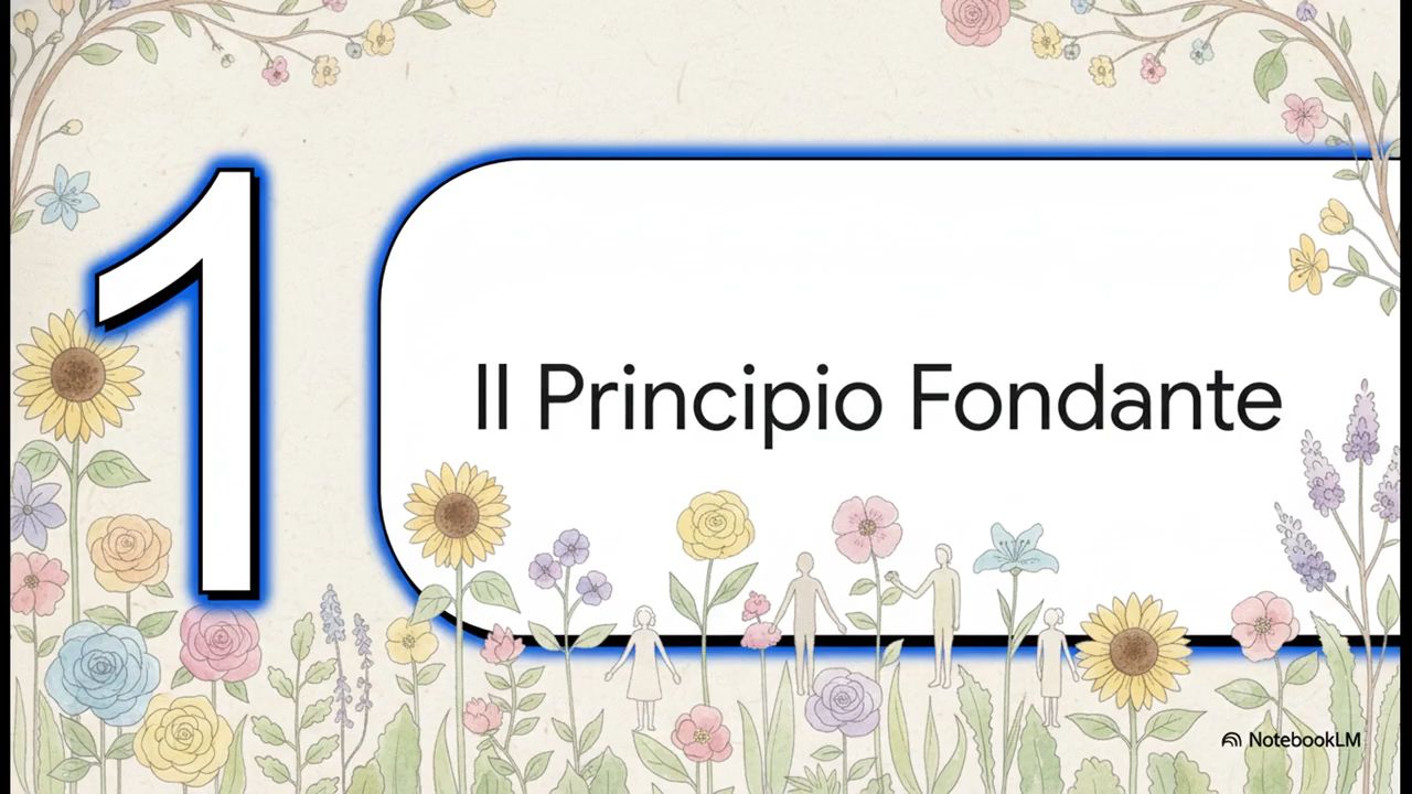 Illustrazione con fiori e figure umane che si tengono per mano sotto il titolo “Il Principio Fondante”, simbolo dell’unità nella diversità secondo la visione bahá’í
