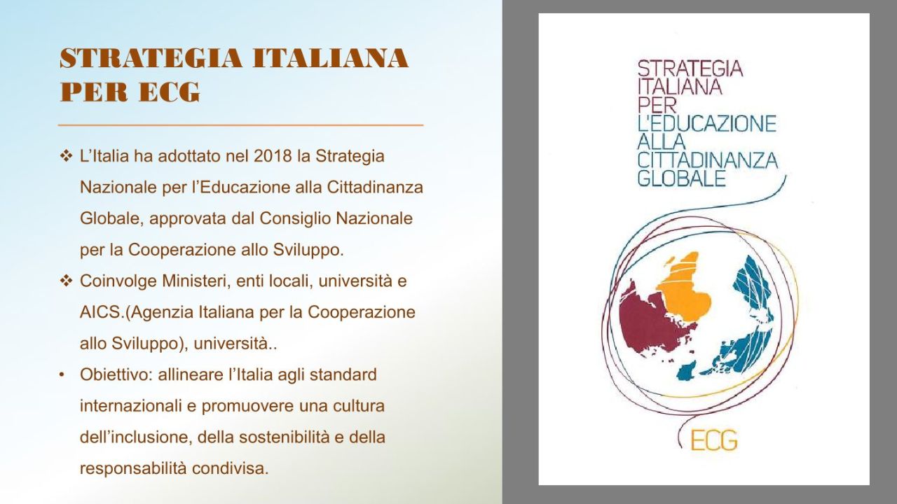 Slide sulla strategia italiana per l&rsquo;educazione alla cittadinanza globale con copertina ufficiale del documento ECG