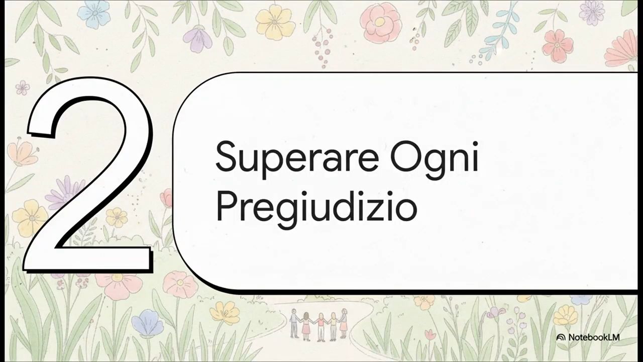 Illustrazione con fiori e figure che si tengono per mano sotto il titolo “Superare Ogni Pregiudizio”, simbolo dell’impegno bahá’í per l’unità e contro ogni forma di discriminazione