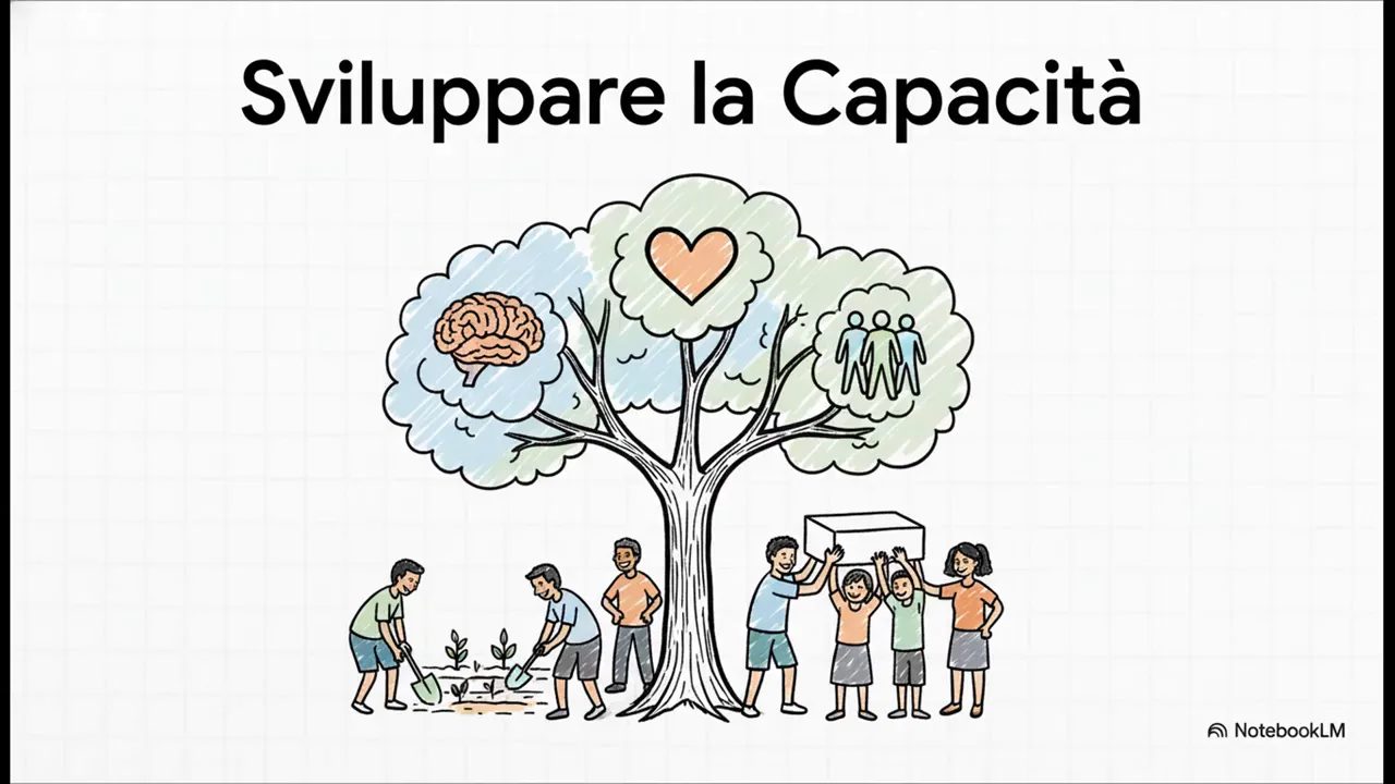 Illustrazione di un albero colorato con figure umane che simboleggia lo sviluppo spirituale e comunitario delle capacità