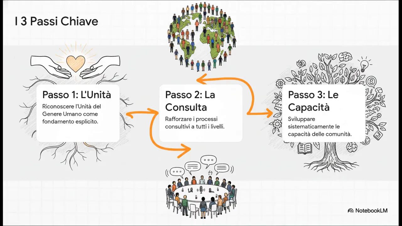 Grafica astratta con tre cerchi che rappresentano i principi bahá’í di unità, consultazione e sviluppo delle capacità