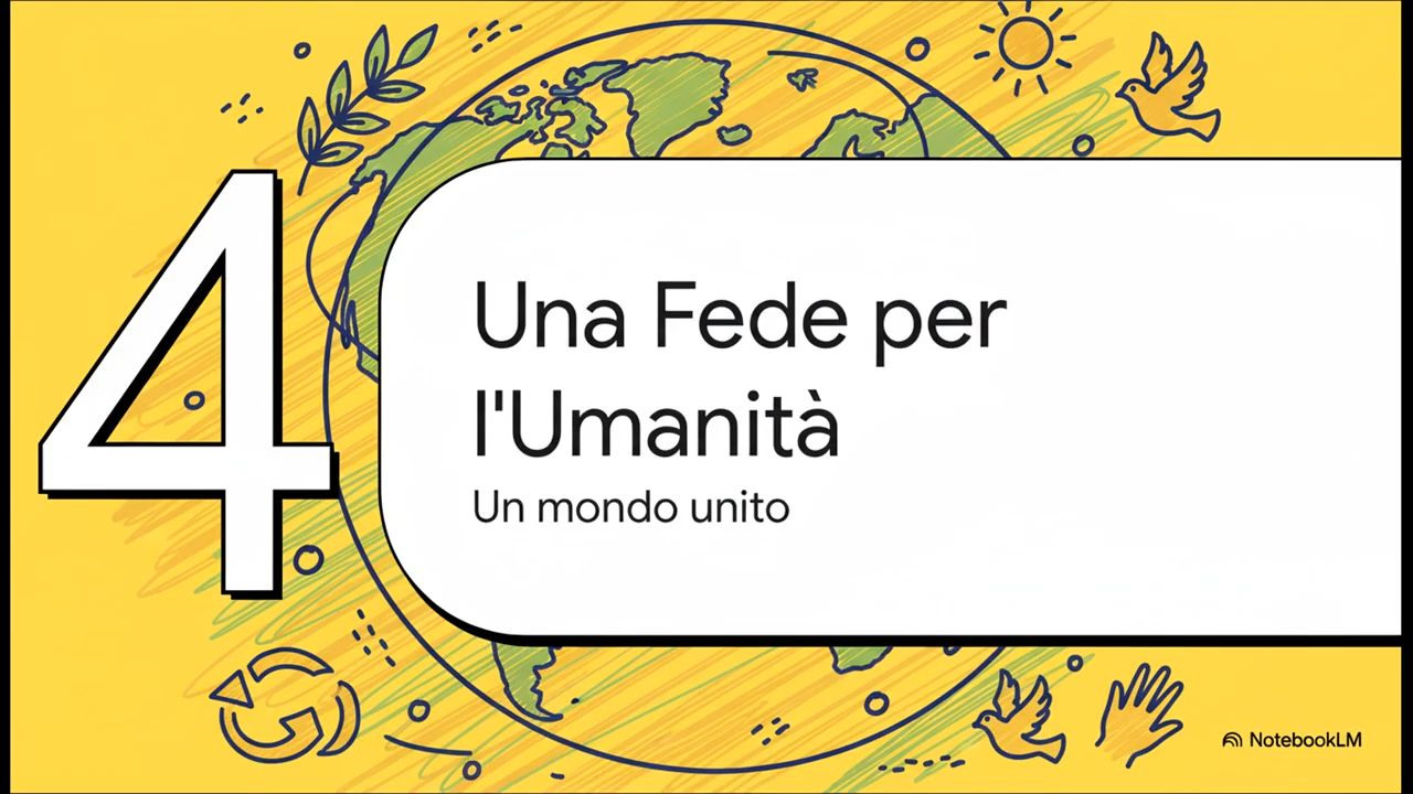 Illustrazione gialla con globo terrestre, colombe e foglie d’ulivo, con titolo “Una Fede per l’Umanità – Un mondo unito”, simbolo della visione bahá’í di unità mondiale e pace duratura