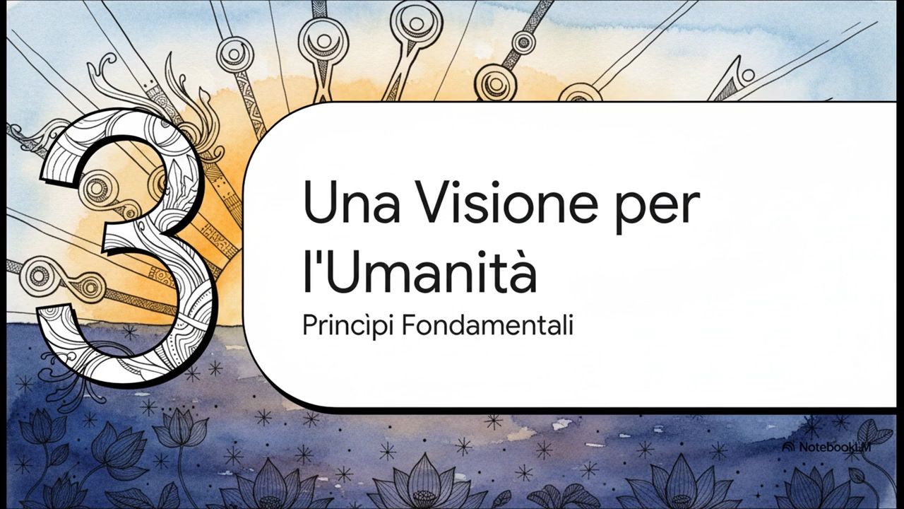 Illustrazione ispirata alla visione bahá’í per l’umanità, con simboli di luce, ingranaggi e fiori di loto a rappresentare i principi spirituali che guidano una civiltà in evoluzione