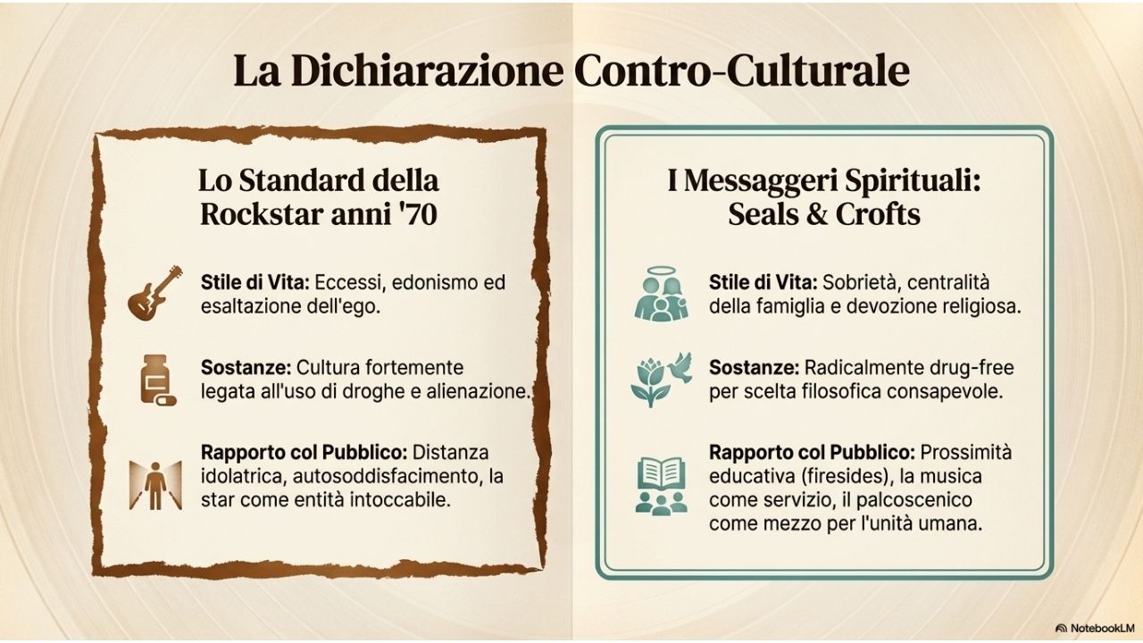 Infografica che confronta lo stile di vita delle rockstar anni 70 con l&rsquo;approccio spirituale bah&aacute;&rsquo;&iacute; di Seals &amp; Crofts basato su sobriet&agrave; e servizio