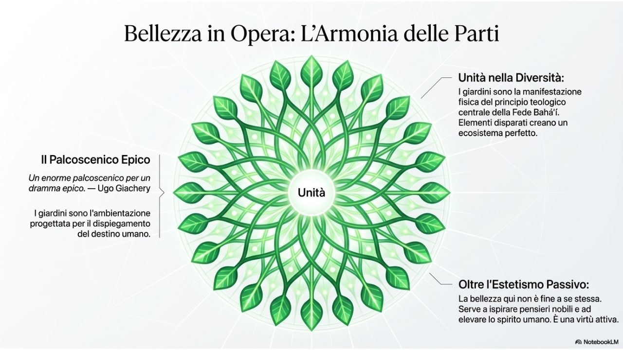 Mandala verde simbolico dell’unità nella diversità ispirato ai giardini bahá’í, rappresentazione dell’armonia delle parti e della crescita spirituale