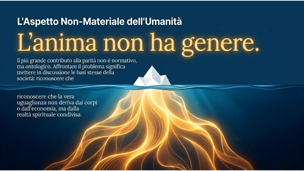 Illustrazione di un iceberg con luce dorata sotto la superficie che simboleggia l&rsquo;anima senza genere e la dimensione spirituale dell&rsquo;uguaglianza