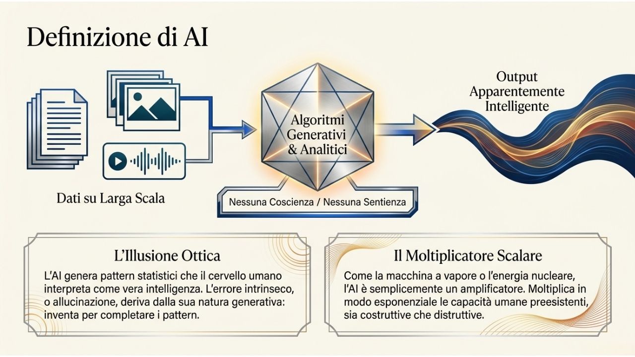 Schema della definizione di intelligenza artificiale con dati su larga scala, algoritmi generativi e output apparentemente intelligente senza coscienza
