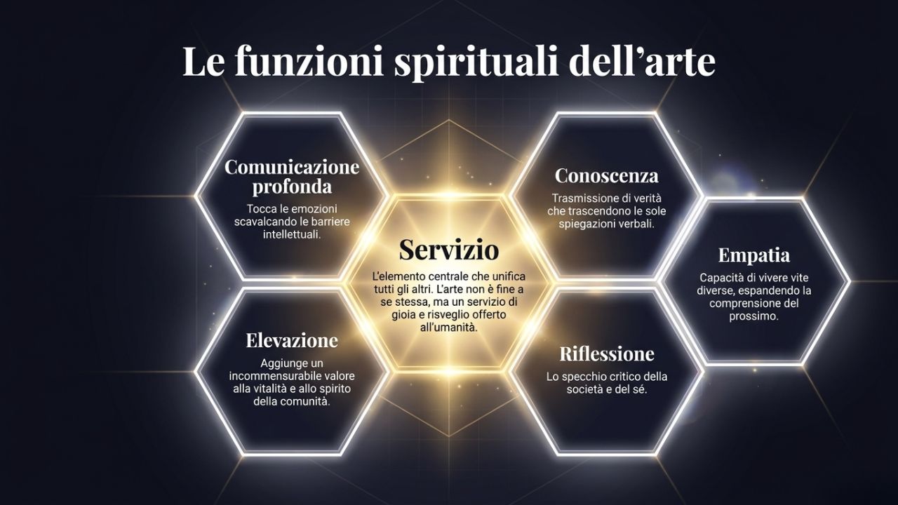 Funzioni spirituali dell&rsquo;arte con servizio al centro e valori come empatia, conoscenza, riflessione ed elevazione